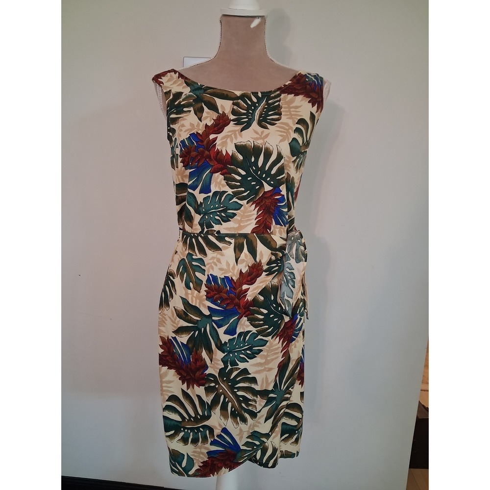 Hilo Hattie Hawaiian Tropical Floral Sleeveless Tie Sheath Dress Green Sarong Xs